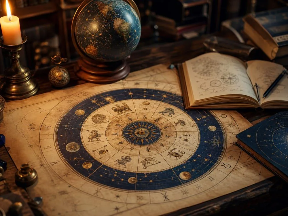 Carta astral y símbolos del zodíaco sobre una mesa de estudio