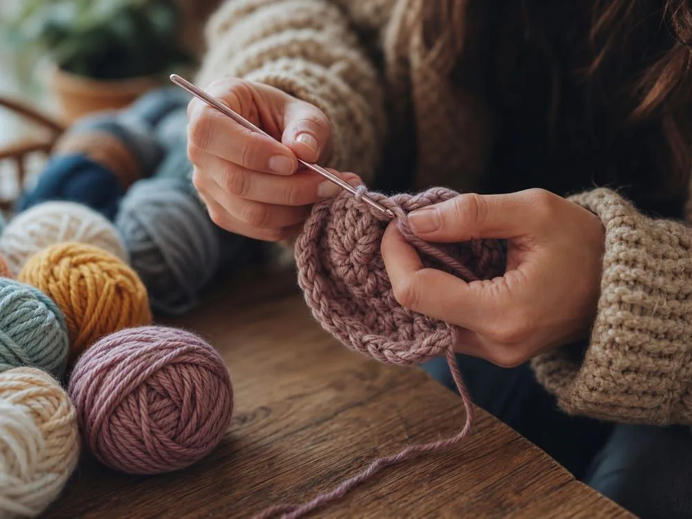 Manos tejiendo a crochet con ovillos de lana de colores