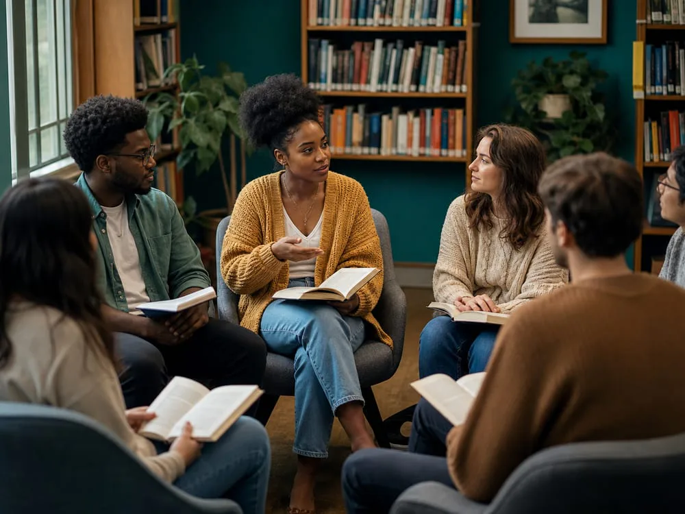 Círculo de lectura con grupo conversando sobre libros