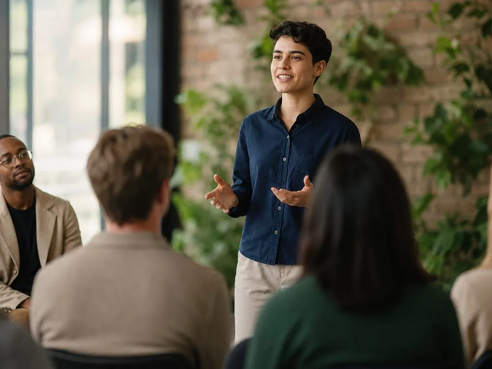 Persona exponiendo ante un grupo en un taller de oratoria