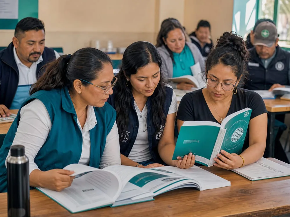 Equipo en formación revisando estándares humanitarios internacionales