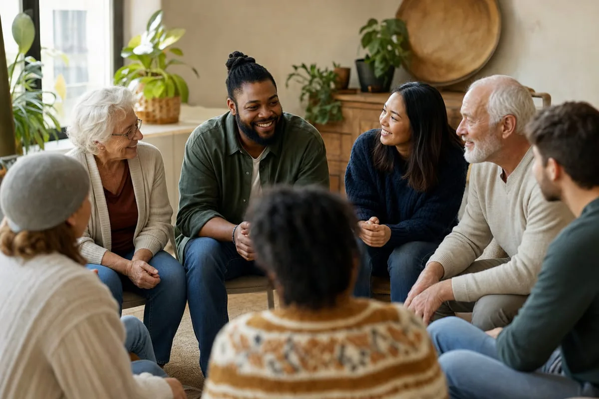 Grupo diverso de personas conversando en círculo