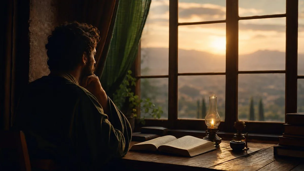 Persona en contemplación junto a una ventana al amanecer con un libro abierto