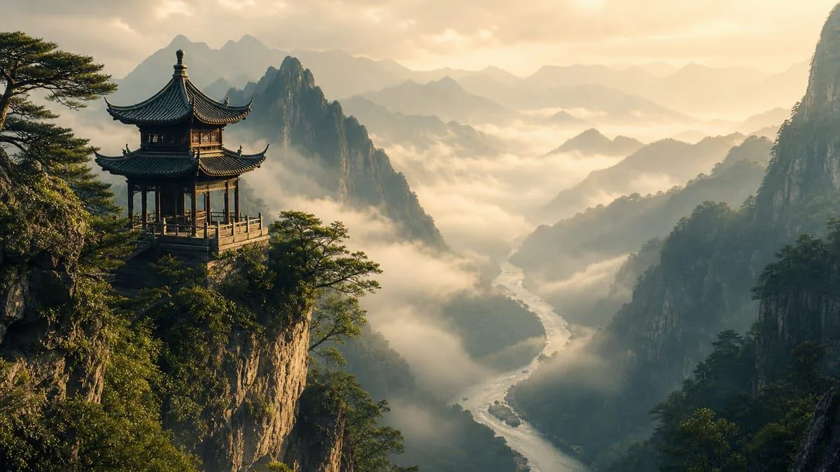 Pagoda tradicional sobre montañas brumosas, paisaje del Lejano Oriente