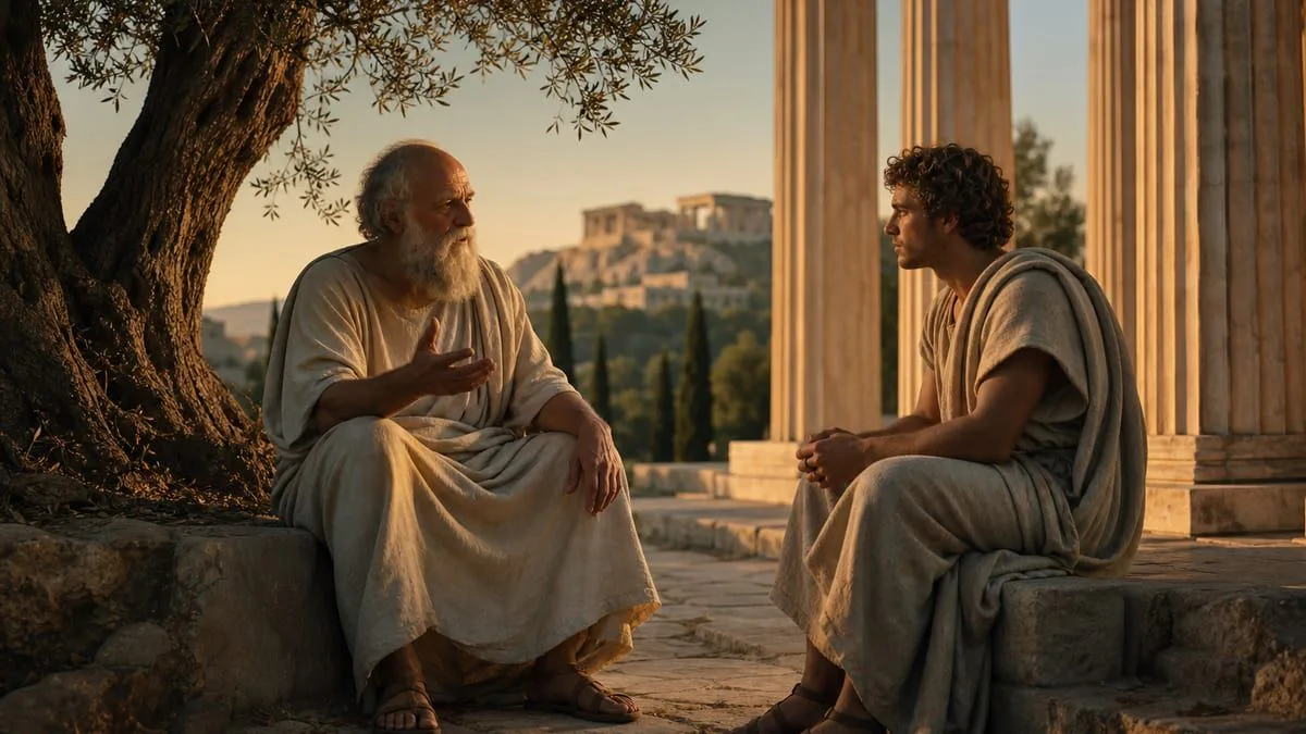 Diálogo entre dos filósofos junto a columnas griegas al atardecer