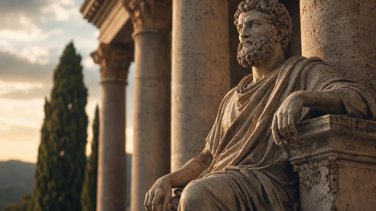 Estatua de mármol romana junto a columnas clásicas con luz cálida