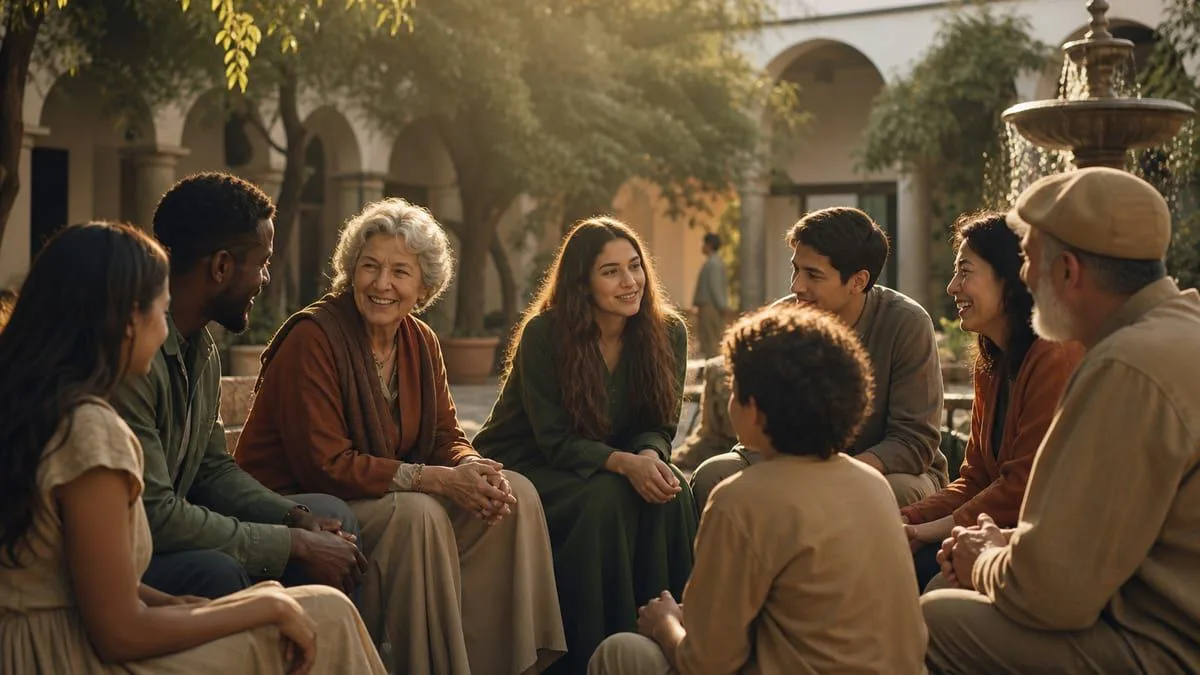 Grupo diverso de personas conversando en un patio soleado, sentido de comunidad