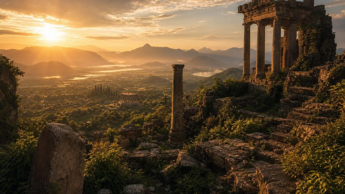 Ruinas antiguas integradas en la naturaleza ante un amplio paisaje al atardecer